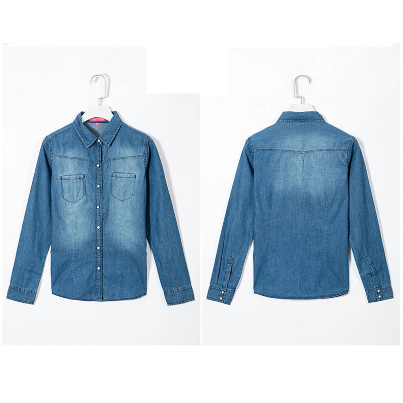 Fashion Long Sleeves Casual Denim Shirt Women 2025 Snap Button Cotton Ladies Shirt Plus Size Blue Jeans Shirt Camisa XZ118