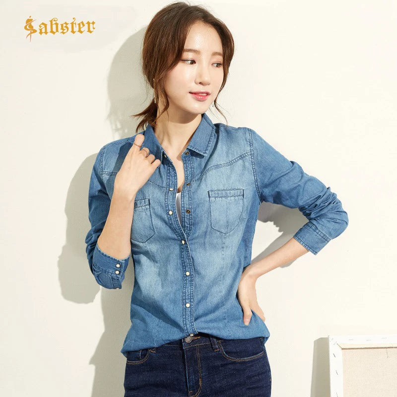 Fashion Long Sleeves Casual Denim Shirt Women 2025 Snap Button Cotton Ladies Shirt Plus Size Blue Jeans Shirt Camisa XZ118