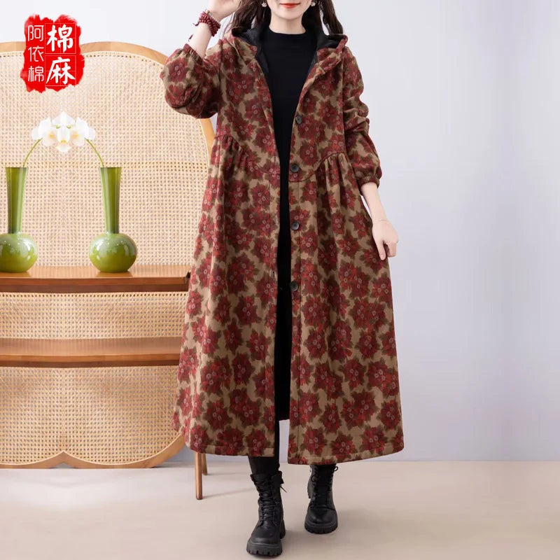 Ethnic Sle Loose Fce Lined Cotton Linen Patterned Midi Coat Trendy Hooded Thiened Long Sve Single Button Closure