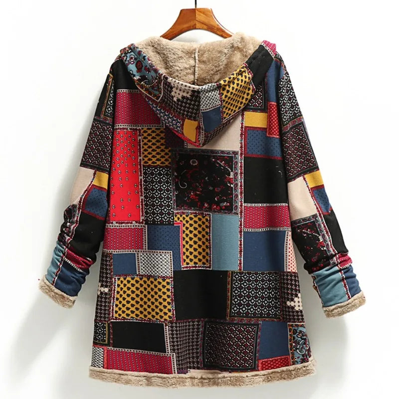 2025 Winter Vintage Women Coat Warm Printing Thick Fleece Hooded Long Jacket with Pocket Outwear Loose Jackets Шерстяное Пальто
