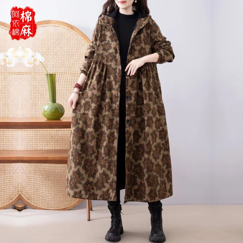 Ethnic Sle Loose Fce Lined Cotton Linen Patterned Midi Coat Trendy Hooded Thiened Long Sve Single Button Closure