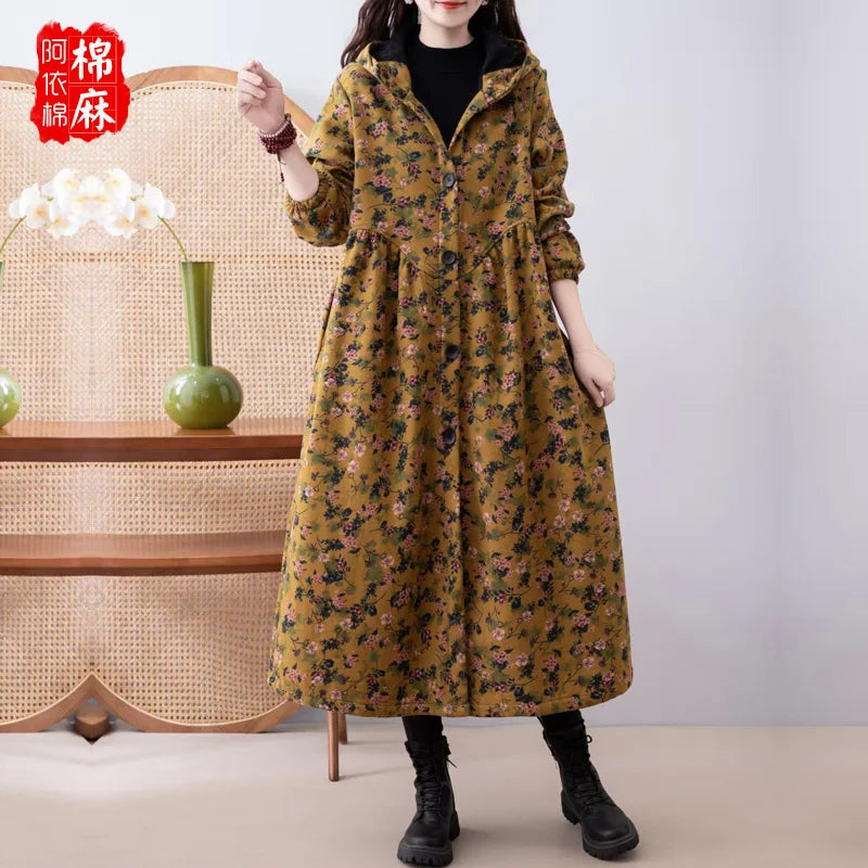 Ethnic Sle Loose Fce Lined Cotton Linen Patterned Midi Coat Trendy Hooded Thiened Long Sve Single Button Closure