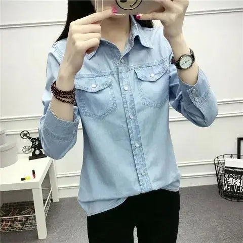 Fashion Long Sleeves Casual Denim Shirt Women 2025 Snap Button Cotton Ladies Shirt Plus Size Blue Jeans Shirt Camisa XZ118