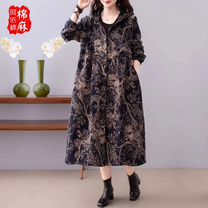 Ethnic Sle Loose Fce Lined Cotton Linen Patterned Midi Coat Trendy Hooded Thiened Long Sve Single Button Closure