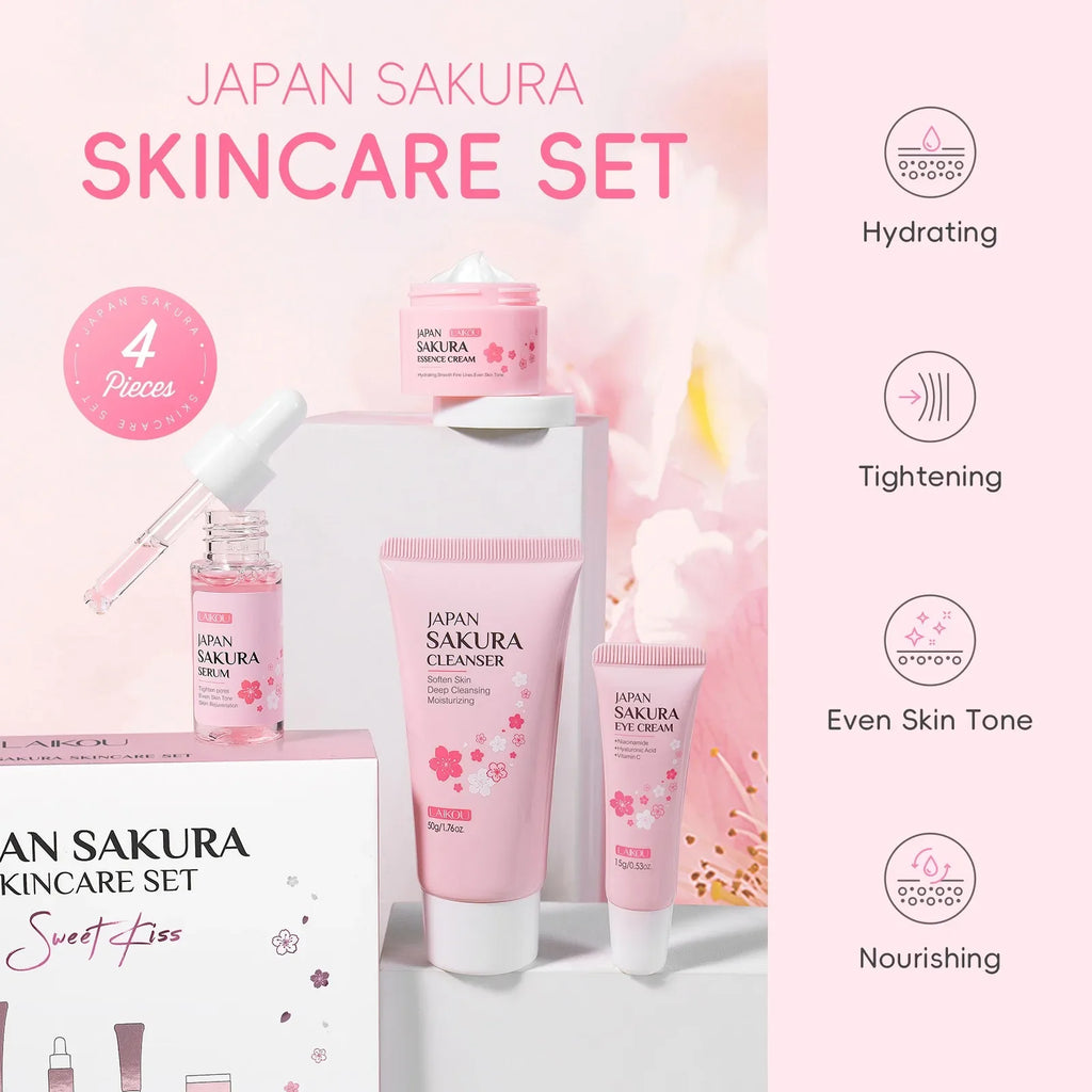 4 PCS Face Skin Care Set Cleanser Sakura Essence Cream Moisturizing Eye Cream Face Serum Improve Roughness & Dryness Skin Care