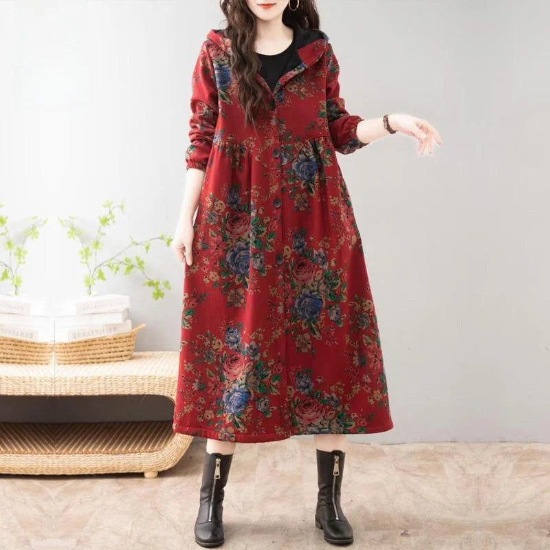 Ethnic Sle Loose Fce Lined Cotton Linen Patterned Midi Coat Trendy Hooded Thiened Long Sve Single Button Closure