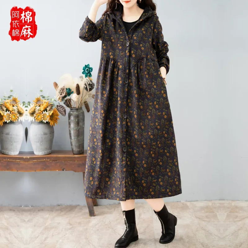 Ethnic Sle Loose Fce Lined Cotton Linen Patterned Midi Coat Trendy Hooded Thiened Long Sve Single Button Closure