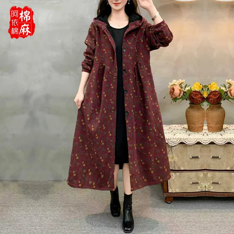 Ethnic Sle Loose Fce Lined Cotton Linen Patterned Midi Coat Trendy Hooded Thiened Long Sve Single Button Closure