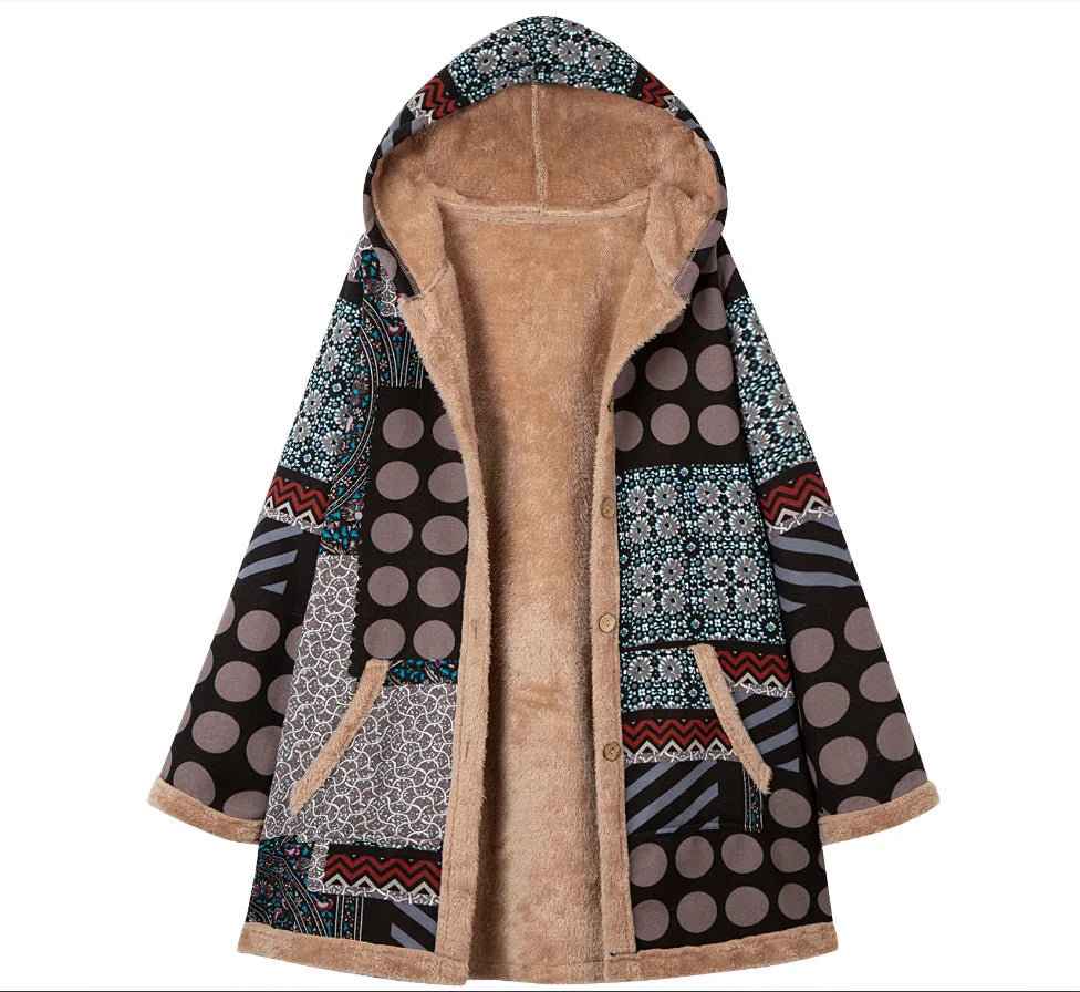 2025 Winter Vintage Women Coat Warm Printing Thick Fleece Hooded Long Jacket with Pocket Outwear Loose Jackets Шерстяное Пальто