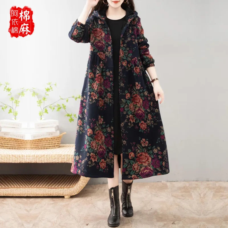 Ethnic Sle Loose Fce Lined Cotton Linen Patterned Midi Coat Trendy Hooded Thiened Long Sve Single Button Closure