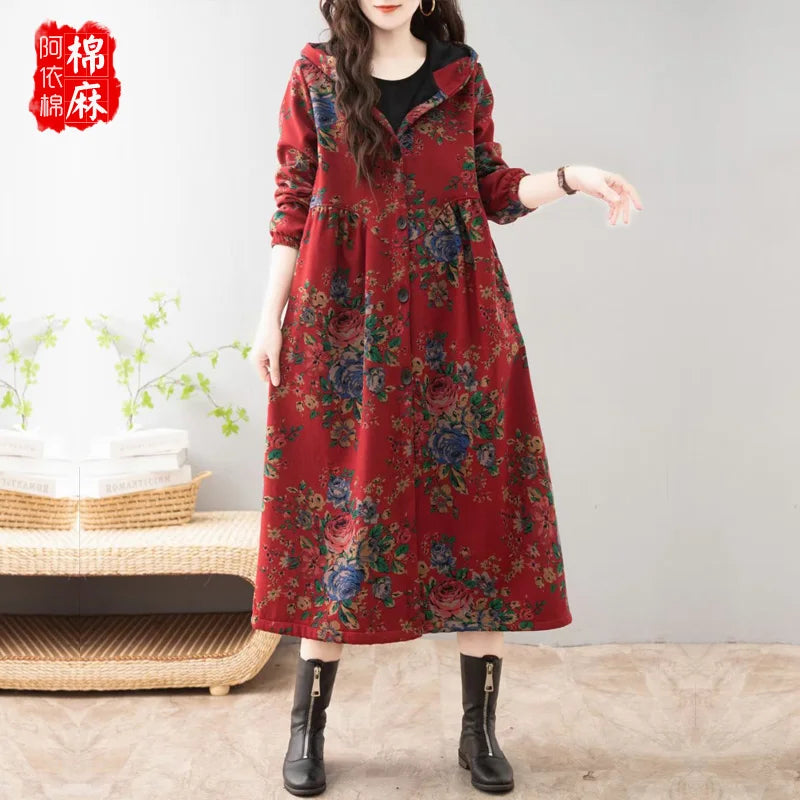 Ethnic Sle Loose Fce Lined Cotton Linen Patterned Midi Coat Trendy Hooded Thiened Long Sve Single Button Closure