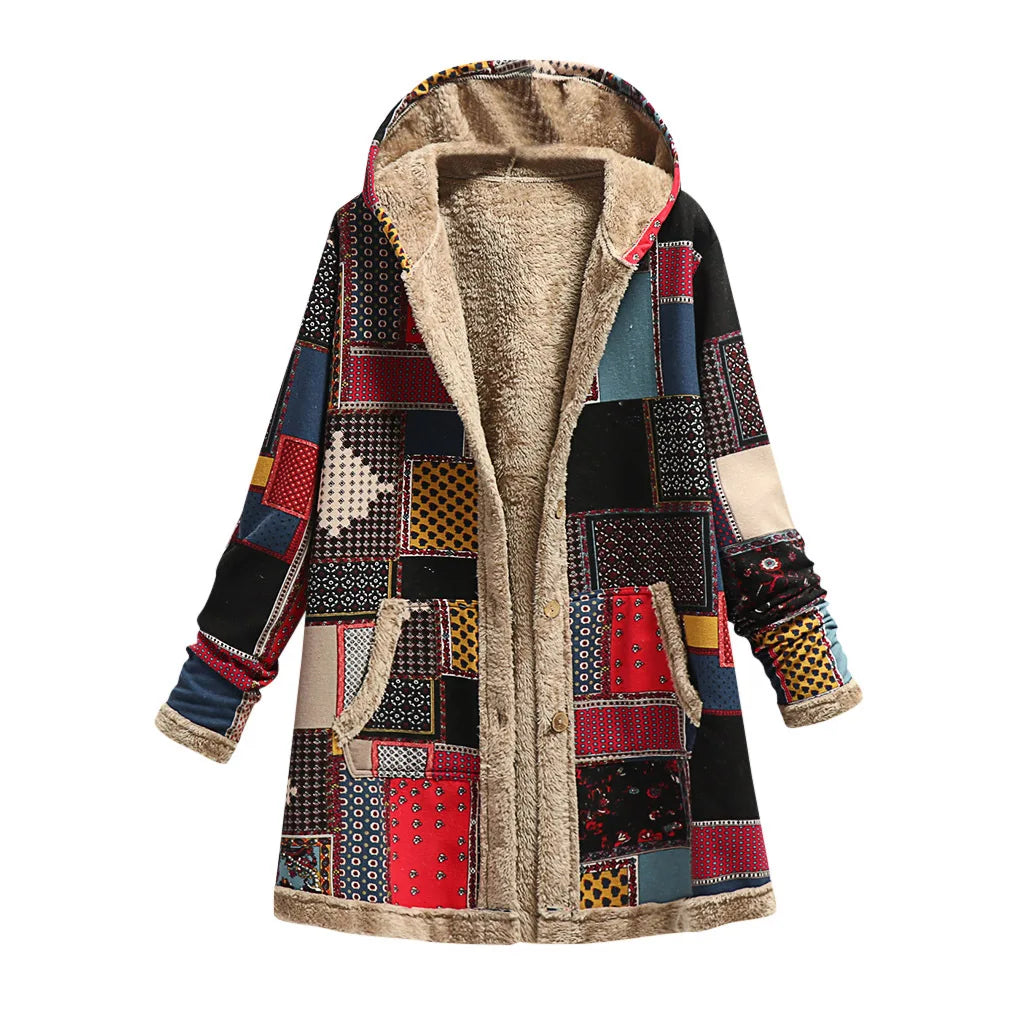 2025 Winter Vintage Women Coat Warm Printing Thick Fleece Hooded Long Jacket with Pocket Outwear Loose Jackets Шерстяное Пальто
