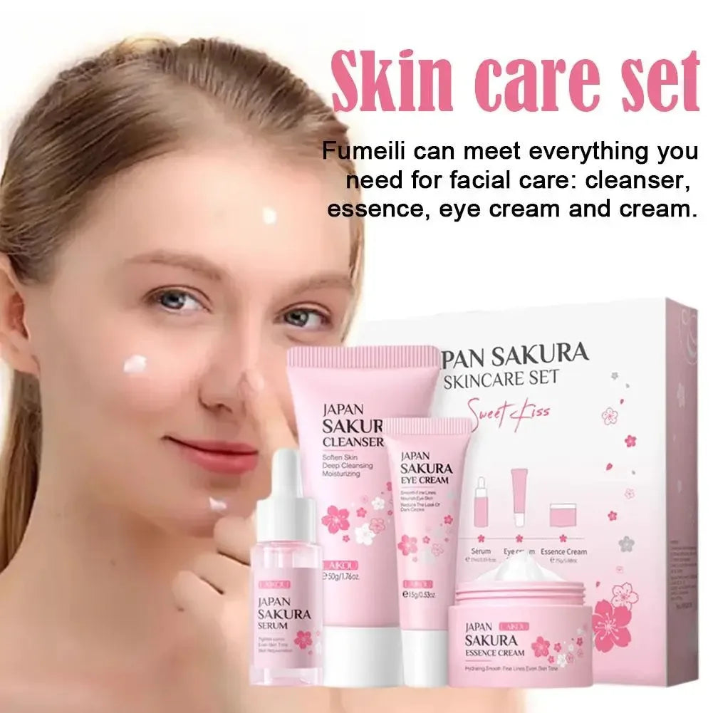 4 PCS Face Skin Care Set Cleanser Sakura Essence Cream Moisturizing Eye Cream Face Serum Improve Roughness & Dryness Skin Care