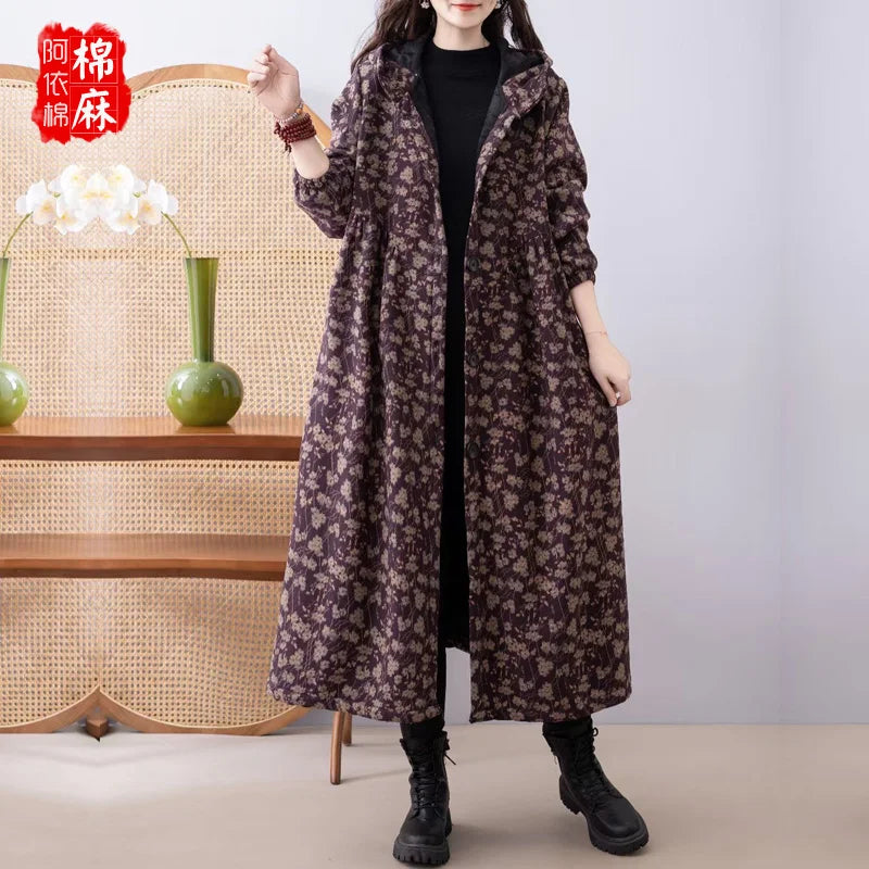 Ethnic Sle Loose Fce Lined Cotton Linen Patterned Midi Coat Trendy Hooded Thiened Long Sve Single Button Closure