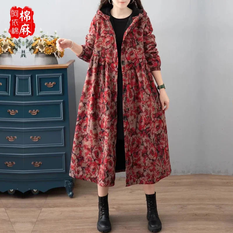 Ethnic Sle Loose Fce Lined Cotton Linen Patterned Midi Coat Trendy Hooded Thiened Long Sve Single Button Closure