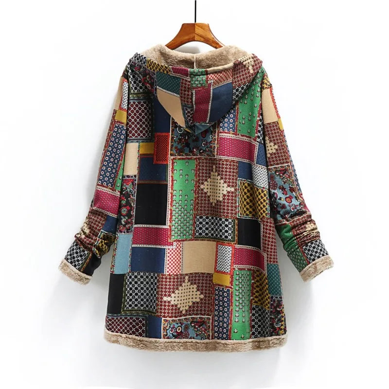 2025 Winter Vintage Women Coat Warm Printing Thick Fleece Hooded Long Jacket with Pocket Outwear Loose Jackets Шерстяное Пальто