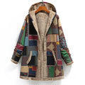 2025 Winter Vintage Women Coat Warm Printing Thick Fleece Hooded Long Jacket with Pocket Outwear Loose Jackets Шерстяное Пальто