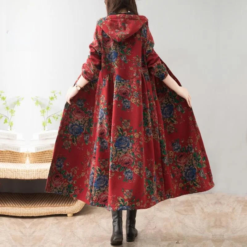 Ethnic Sle Loose Fce Lined Cotton Linen Patterned Midi Coat Trendy Hooded Thiened Long Sve Single Button Closure