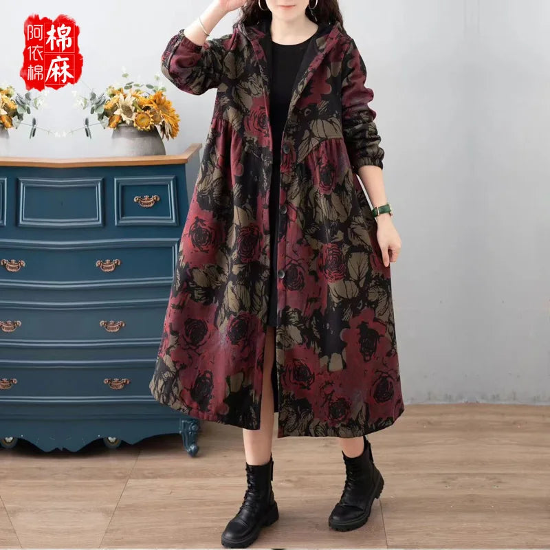 Ethnic Sle Loose Fce Lined Cotton Linen Patterned Midi Coat Trendy Hooded Thiened Long Sve Single Button Closure