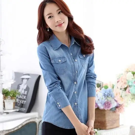 Fashion Long Sleeves Casual Denim Shirt Women 2025 Snap Button Cotton Ladies Shirt Plus Size Blue Jeans Shirt Camisa XZ118