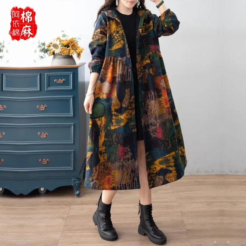Ethnic Sle Loose Fce Lined Cotton Linen Patterned Midi Coat Trendy Hooded Thiened Long Sve Single Button Closure