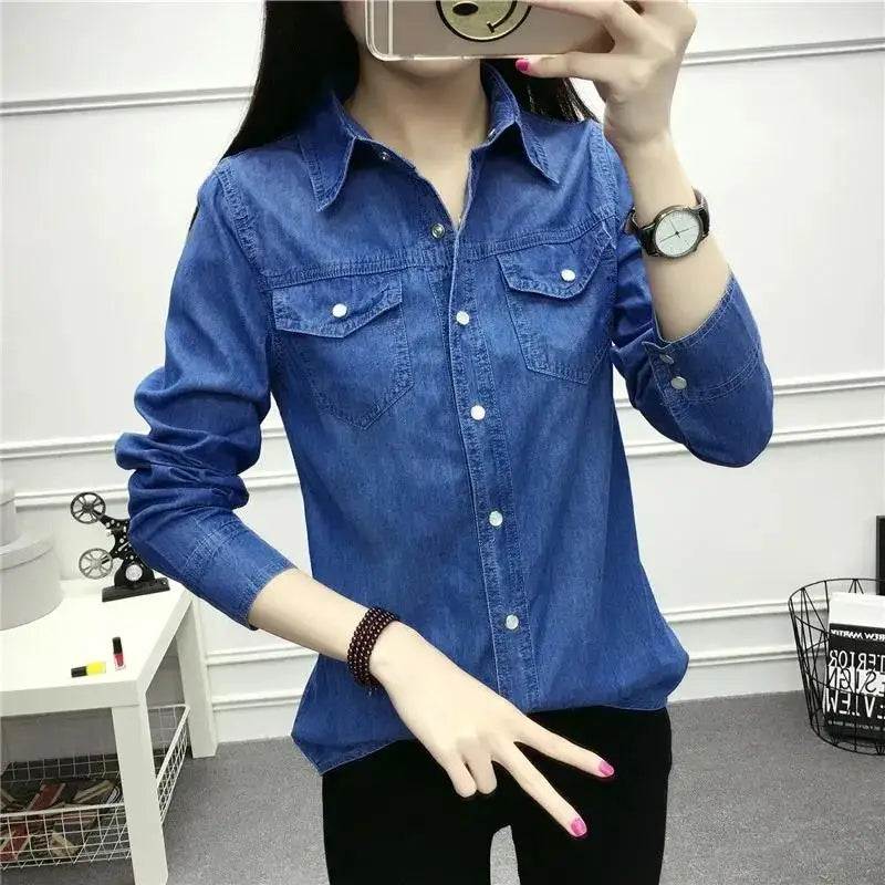 Fashion Long Sleeves Casual Denim Shirt Women 2025 Snap Button Cotton Ladies Shirt Plus Size Blue Jeans Shirt Camisa XZ118
