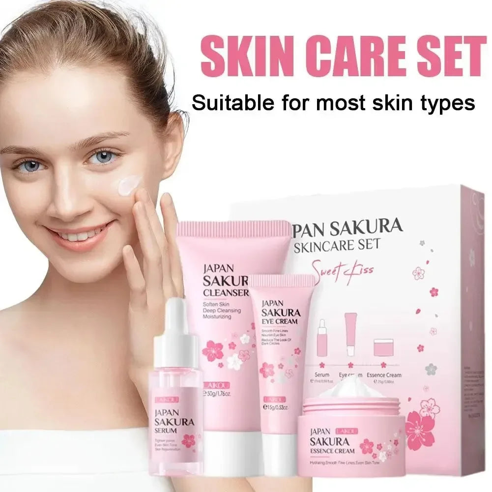 4 PCS Face Skin Care Set Cleanser Sakura Essence Cream Moisturizing Eye Cream Face Serum Improve Roughness & Dryness Skin Care