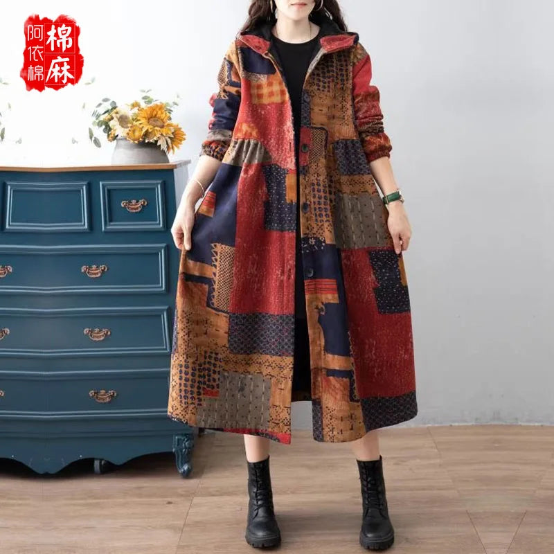 Ethnic Sle Loose Fce Lined Cotton Linen Patterned Midi Coat Trendy Hooded Thiened Long Sve Single Button Closure