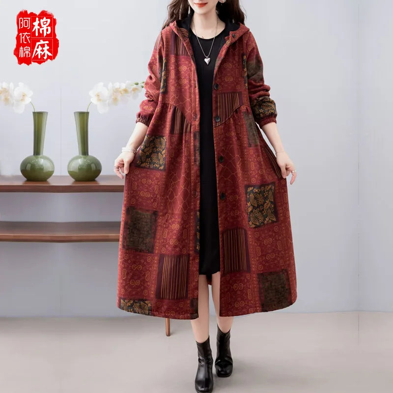 Ethnic Sle Loose Fce Lined Cotton Linen Patterned Midi Coat Trendy Hooded Thiened Long Sve Single Button Closure