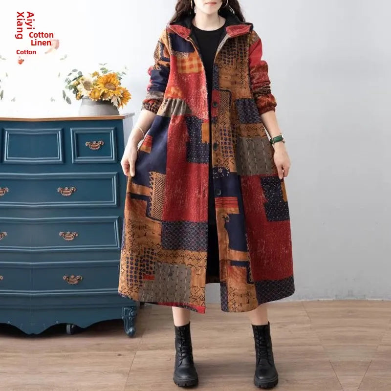 Ethnic Sle Loose Fce Lined Cotton Linen Patterned Midi Coat Trendy Hooded Thiened Long Sve Single Button Closure