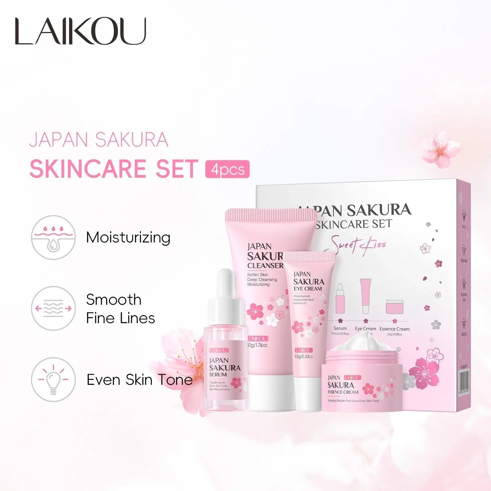4 PCS Face Skin Care Set Cleanser Sakura Essence Cream Moisturizing Eye Cream Face Serum Improve Roughness & Dryness Skin Care