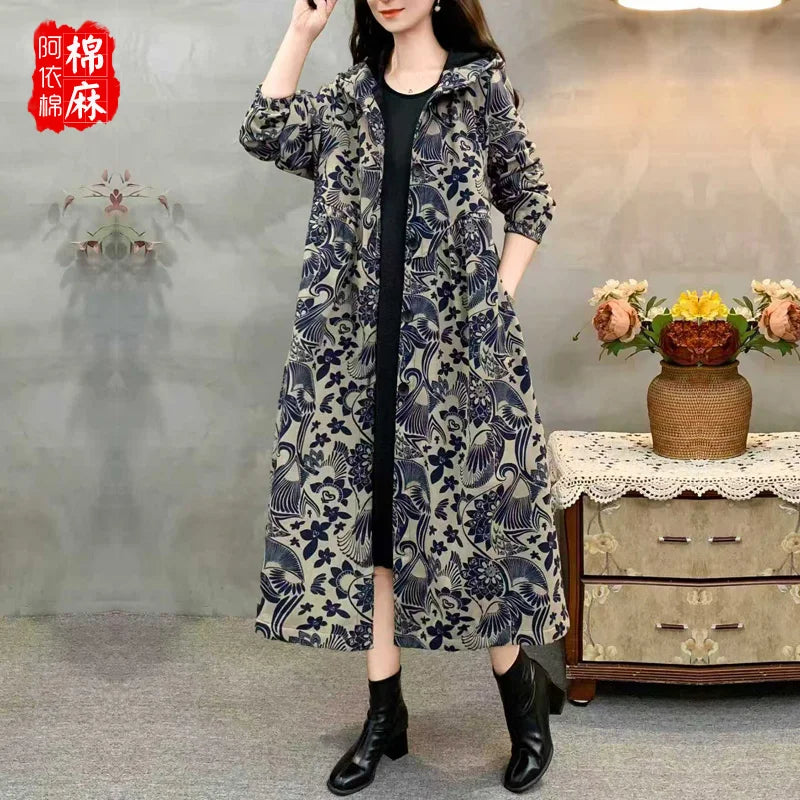 Ethnic Sle Loose Fce Lined Cotton Linen Patterned Midi Coat Trendy Hooded Thiened Long Sve Single Button Closure