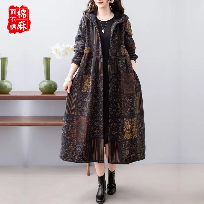 Ethnic Sle Loose Fce Lined Cotton Linen Patterned Midi Coat Trendy Hooded Thiened Long Sve Single Button Closure