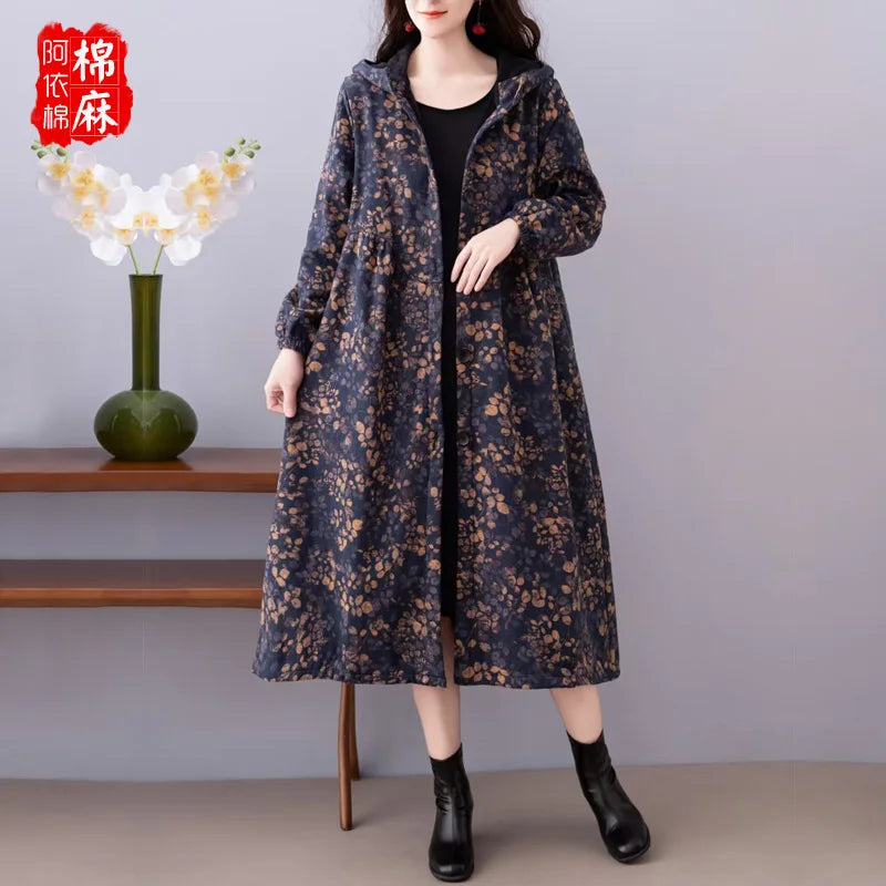 Ethnic Sle Loose Fce Lined Cotton Linen Patterned Midi Coat Trendy Hooded Thiened Long Sve Single Button Closure