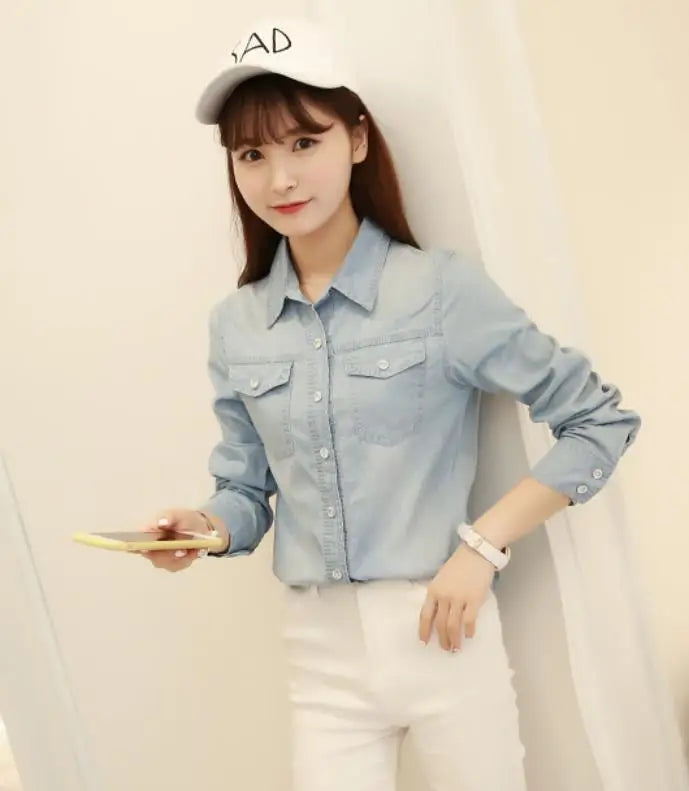 Fashion Long Sleeves Casual Denim Shirt Women 2025 Snap Button Cotton Ladies Shirt Plus Size Blue Jeans Shirt Camisa XZ118