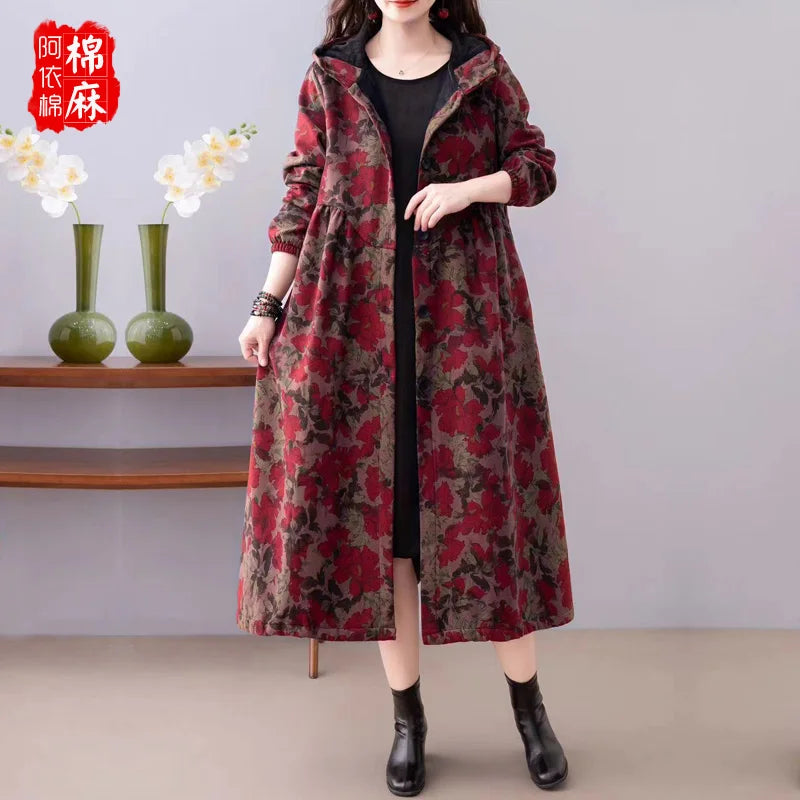 Ethnic Sle Loose Fce Lined Cotton Linen Patterned Midi Coat Trendy Hooded Thiened Long Sve Single Button Closure