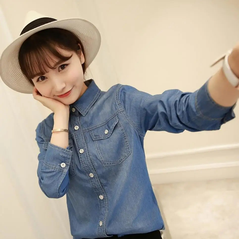 Fashion Long Sleeves Casual Denim Shirt Women 2025 Snap Button Cotton Ladies Shirt Plus Size Blue Jeans Shirt Camisa XZ118